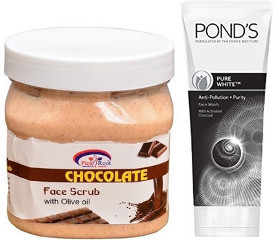 

Pink Root CHOCOLATE SCRUB 500G WITH POND'S PURE WHITE ANTI POLLUTION FACE WASH 50G(Set of 2)