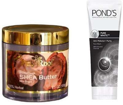 

Pink Root SHEA BUTTER CREAM 100G WITH POND'S PURE WHITE ANTI POLLUTION FACE WASH 50G(Set of 2)