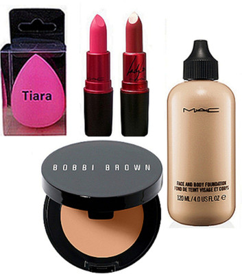 

tiara Spounge Puff & Bobbi Brown Concealer , Mac Lady Gaga Lipstick Pack Of 2 , Face & Body Foundation(Set of 5)