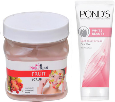

Pink Root FRUIT SCRUB 500G WITH POND'S WHITE BEAUTY FACEWASH(Set of 2)