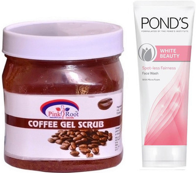 

Pink Root COFFEE GEL SCRUB 500G WITH POND'S WHITE BEAUTY FACEWASH(Set of 2)