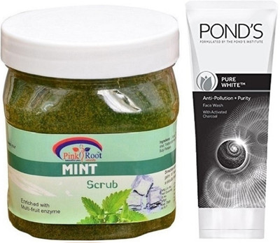 

Pink Root MINT GEL SCRUB 500G WITH POND'S PURE WHITE ANTI POLLUTION FACE WASH 50G(Set of 2)