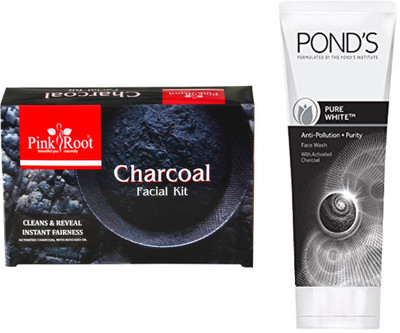 

Pink Root CHARCOAL KIT 83G WITH POND'S PURE WHITE ANTI POLLUTION FACE WASH 50G(Set of 2)