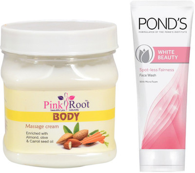 

Pink Root BODY MASSAGE CREAM 500G WITH POND'S WHITE BEAUTY FACEWASH(Set of 2)