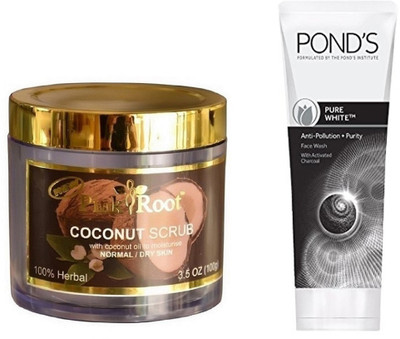 

Pink Root COCONUT SCRUB 100G WITH POND'S PURE WHITE ANTI POLLUTION FACE WASH 50G(Set of 2)