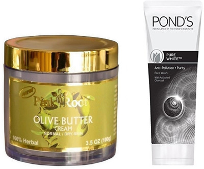 

Pink Root OLIVE BUTTER CREAM 100G WITH POND'S PURE WHITE ANTI POLLUTION FACE WASH 50G(Set of 2)