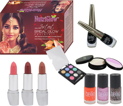 

NutriGlow SET OF 1 BRIDAL FACIAL KIT + 3 BELLE PARIS NAIL PAINT + 3 LIPSTICKS + 1 (5-IN-1) COMPACT + 1 EYE SHADOW + 2 EYE LINERS(Set of 1)