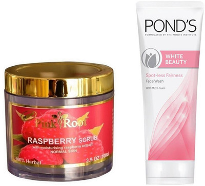 

Pink Root RASPBERRY SCRUB 100G WITH POND'S WHITE BEAUTY FACEWASH(Set of 2)