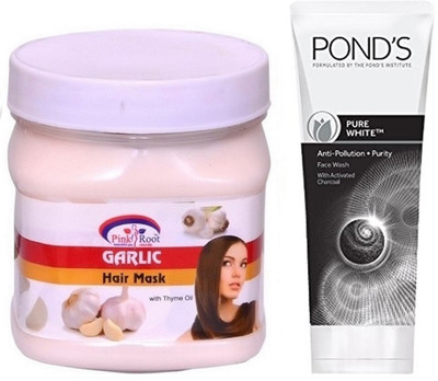 

Pink Root GARLIC HAIR MASK 500G WITH POND'S PURE WHITE ANTI POLLUTION FACE WASH 50G(Set of 2)