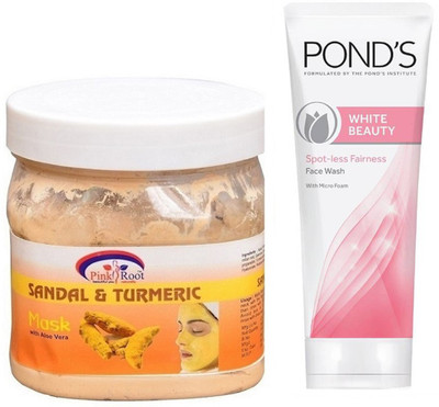 

Pink Root SANDAL TURMERIC MASK 500G WITH POND'S WHITE BEAUTY FACEWASH(Set of 2)