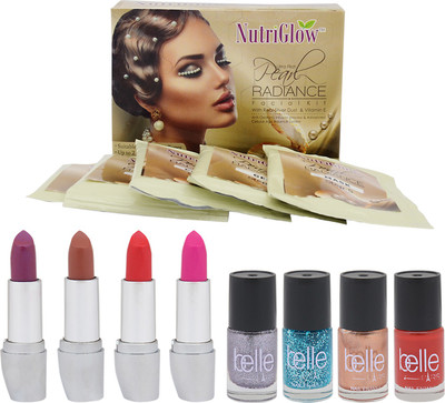 

NutriGlow SET OF 1 PEARL RADIANCE FACIAL KIT + 4 BELLE PARIS NAIL PAINTS + 4 LIPSTICKS(Set of 9)