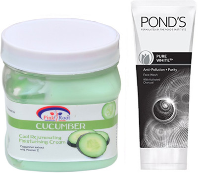 

Pink Root CUCUMBER CREAM 500G WITH POND'S PURE WHITE ANTI POLLUTION FACE WASH 50G(Set of 2)