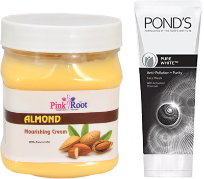 

Pink Root ALMOND CREAM 500G WITH POND'S PURE WHITE ANTI POLLUTION FACE WASH 50G(Set of 2)