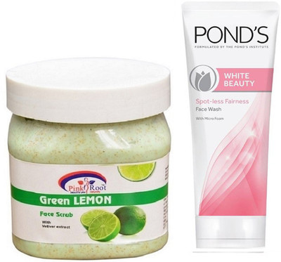 

Pink Root GREEN LEMON SCRUB 500G WITH POND'S WHITE BEAUTY FACEWASH(Set of 2)