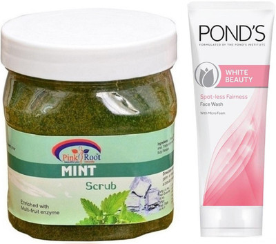 

Pink Root MINT GEL SCRUB 500G WITH POND'S WHITE BEAUTY FACEWASH(Set of 2)