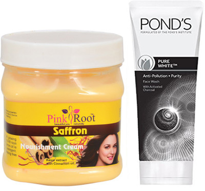 

Pink Root SAFFRON CREAM 500G WITH POND'S PURE WHITE ANTI POLLUTION FACE WASH 50G(Set of 2)