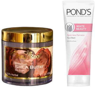 

Pink Root SHEA BUTTER CREAM 100G WITH POND'S WHITE BEAUTY FACEWASH(Set of 2)