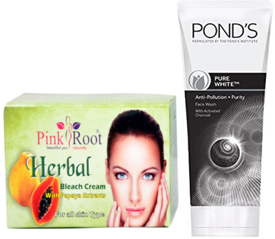 

Pink Root HERBAL BLEACH CREAM 250G WITH POND'S PURE WHITE ANTI POLLUTION FACE WASH 50G(Set of 2)