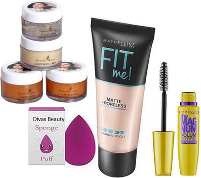 

divas beauty sponge puff & new york fit me Matte+Poreless Liquid Foundation & new york the magnum volum waterproof mascara, Shahnaz Husain 24 Carot Gold Skin Radiance Facial Kit(Set of 4)