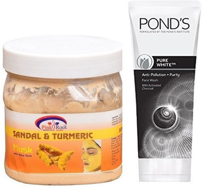 

Pink Root SANDAL TURMERIC MASK 500G WITH POND'S PURE WHITE ANTI POLLUTION FACE WASH 50G(Set of 2)