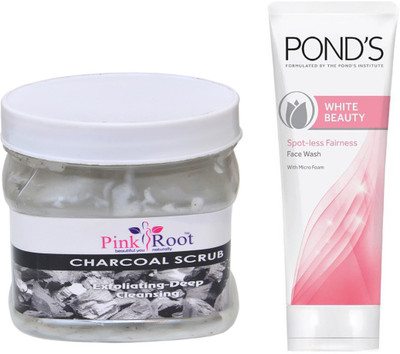 

Pink Root CHARCOAL SCRUB 500G WITH POND'S WHITE BEAUTY FACEWASH(Set of 2)