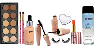 

Professional kit Two makeup brush & mac 10 shade concealer palette , lakme 9 to 5 eyeliner & mascara , primer+matte lipstick , eyelashes , silicone puff with bobbi brown instant pro eye makeup remover(Set of 10)
