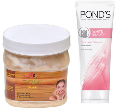 

Pink Root GOLD SCRUB 500G WITH POND'S WHITE BEAUTY FACEWASH(Set of 2)