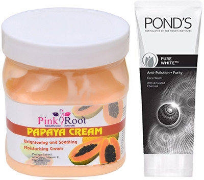 

Pink Root PAPAYA CREAM 500G WITH POND'S PURE WHITE ANTI POLLUTION FACE WASH 50G(Set of 2)