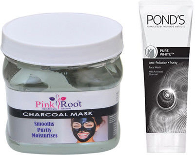 

Pink Root CHARCOAL MASK 500G WITH POND'S PURE WHITE ANTI POLLUTION FACE WASH 50G(Set of 2)