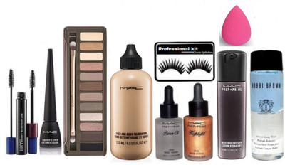 

Professional kit Eyelashes Mac Liquid Eyeliner,Haute & Naughty Mascara,Face & Body Foundation,Prep+Prime Face Primer,Highlight,Moisture Infusion Face Serum Hydratant,Bobbi Brown Makeup Remover,Urban Decay Naked,Sponge Puff(Set of 10)