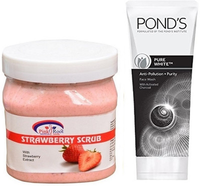 

Pink Root STRAWBERRY SCRUB 500G WITH POND'S PURE WHITE ANTI POLLUTION FACE WASH 50G(Set of 2)