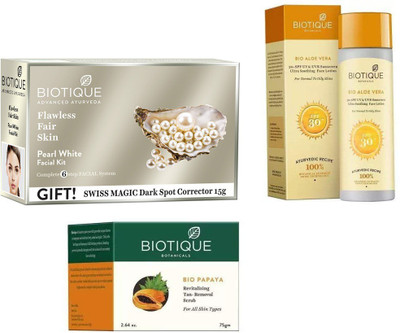 

BIOTIQUE BIO Pearl White Facial Kit, Bio Papaya Revitalizing Tan Removal Scrub, Bio Aloe Vera Ultra Soothing Face Lotion SPF 30 UVA/UVB Sunscreen(Set of 3)