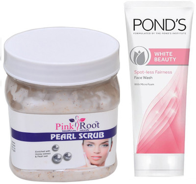 

Pink Root PEARL SCRUB 500G WITH POND'S WHITE BEAUTY FACEWASH(Set of 2)