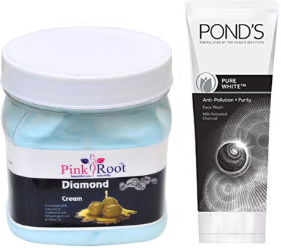 

Pink Root DIAMOND CREAM 500G WITH POND'S PURE WHITE ANTI POLLUTION FACE WASH 50G(Set of 2)