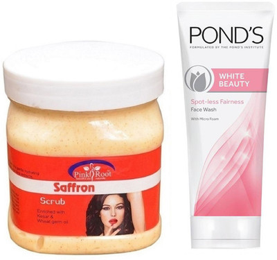 

Pink Root SAFFRON SCRUB 500G WITH POND'S WHITE BEAUTY FACEWASH(Set of 2)