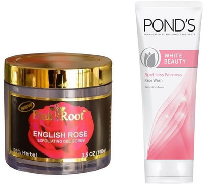 

Pink Root ENGLISH ROSE SCRUB 100G WITH POND'S WHITE BEAUTY FACEWASH(Set of 2)