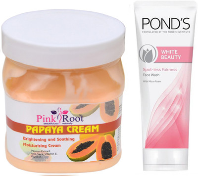 

Pink Root PAPAYA CREAM 500G WITH POND'S WHITE BEAUTY FACEWASH(Set of 2)