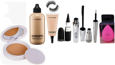 

Tiara Sponge Puff, Super Fresh Powder Compact, Mac Face And Body Foundation, Select Cover Up Concealer, Stick Kajal , Brooke Candy Eyeliner & Mascara, Eyelashes(Set of 8)