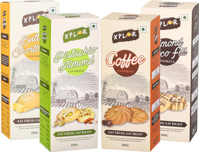 

Xplor Coffee + Pistachio Almond + Butter Shortbread + Almond Choco Fill Cookies (4 Packs of 100 gm Each)(400 g, Pack of 4)