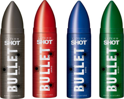 

Layer Shot BULLET Ammo,Bang,Burst & Reload Pack of 4 Deodorant Spray - For Men(480 ml, Pack of 4)