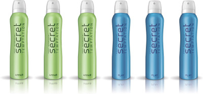 

Secret Temptation 3 Affair & 3 Play Pack of 6 Deodorant Spray - For Women(900 ml, Pack of 6)