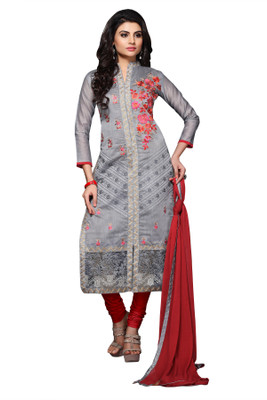

Jiya Chanderi Self Design, Embroidered Salwar Suit Dupatta Material(Un-stitched), Grey;red