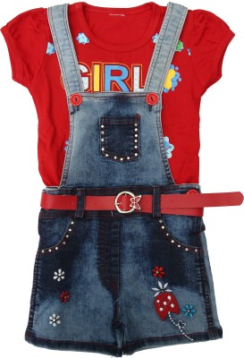 ZADMUS Dungaree For Girls Party Printed, Embroidered Cotton Blend(Red, Pack of 1)