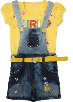 ZADMUS Dungaree For Girls Party Printed, Embroidered Cotton Blend(Yellow, Pack of 1)