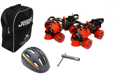 

Jaspo Red Dual Adjustable Senior Roller Skates Combo Suitable for Age Group 6 to 14 Years (Skates+ Helmet+ Bag+Key) Skating Kit