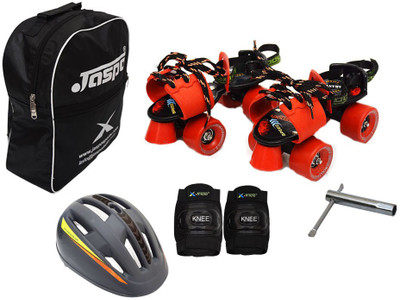 

Jaspo Red Adjustable Senior Roller Skates Combo Suitable for Age Group 6 to 14 Years (Skates+ Helmet + Knee Guard+ Bag+Key) Skating Kit