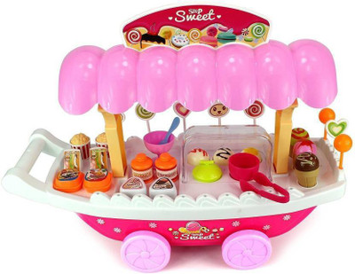 

Kidzfan 39 Pieces Beautiful Kid's Ice Cream Candy Cart Pretend Play Food Dessert and Cash Trolley Toy Set | With Light & Sound Effect