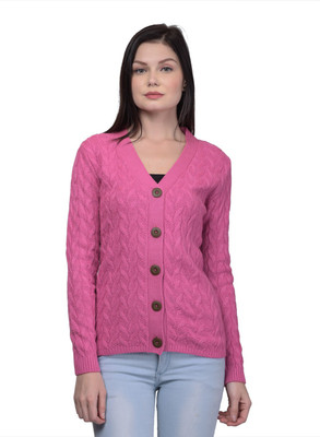 Kalt Self Design V Neck Casual Women Pink Sweater
