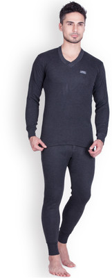 Lux Cottswool Black Full Sleeves V-Neck Trouser Set Men Top - Pyjama Set Thermal