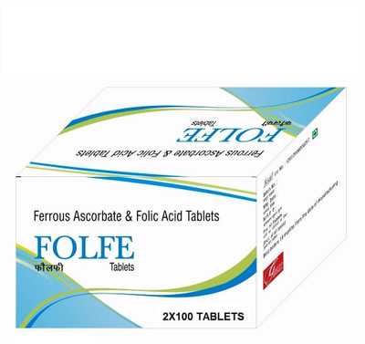 

FOLFE Ferrous Ascorbate Fast Acting & Folic Acid 100mg Blister Pack of 200 VEG Tablets(100 mg)